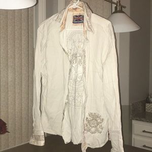 White and tan long sleeve shirt